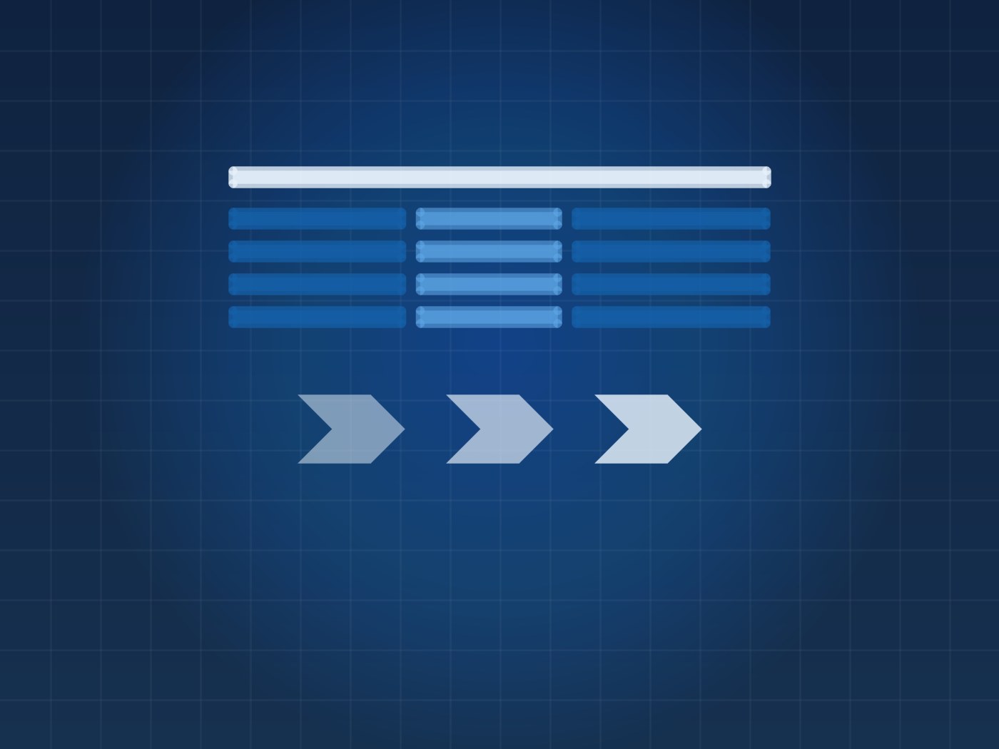 Abstract diagram in navy and blue: a table of rows above three chevrons flowing left to right, representing records moving through the stages of an ERP document flow.