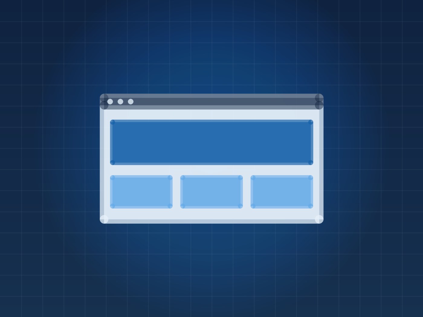 Abstract diagram in navy and blue: a browser window containing a wide hero block above three even columns, representing a marketing website layout.