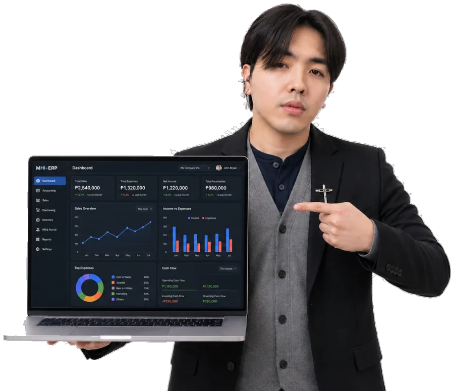 John Bryan Logdonio in a dark suit, holding a laptop and pointing at an accounting ERP dashboard showing sales, expenses and cash-flow panels.