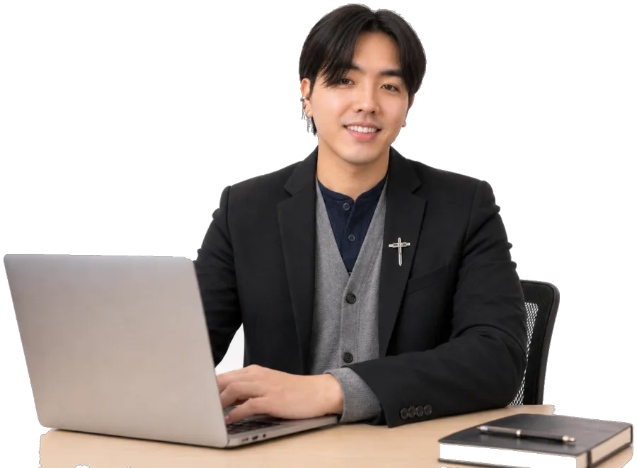 John Bryan Logdonio seated at a desk in a dark suit, typing on a laptop, with a notebook and pen beside him.