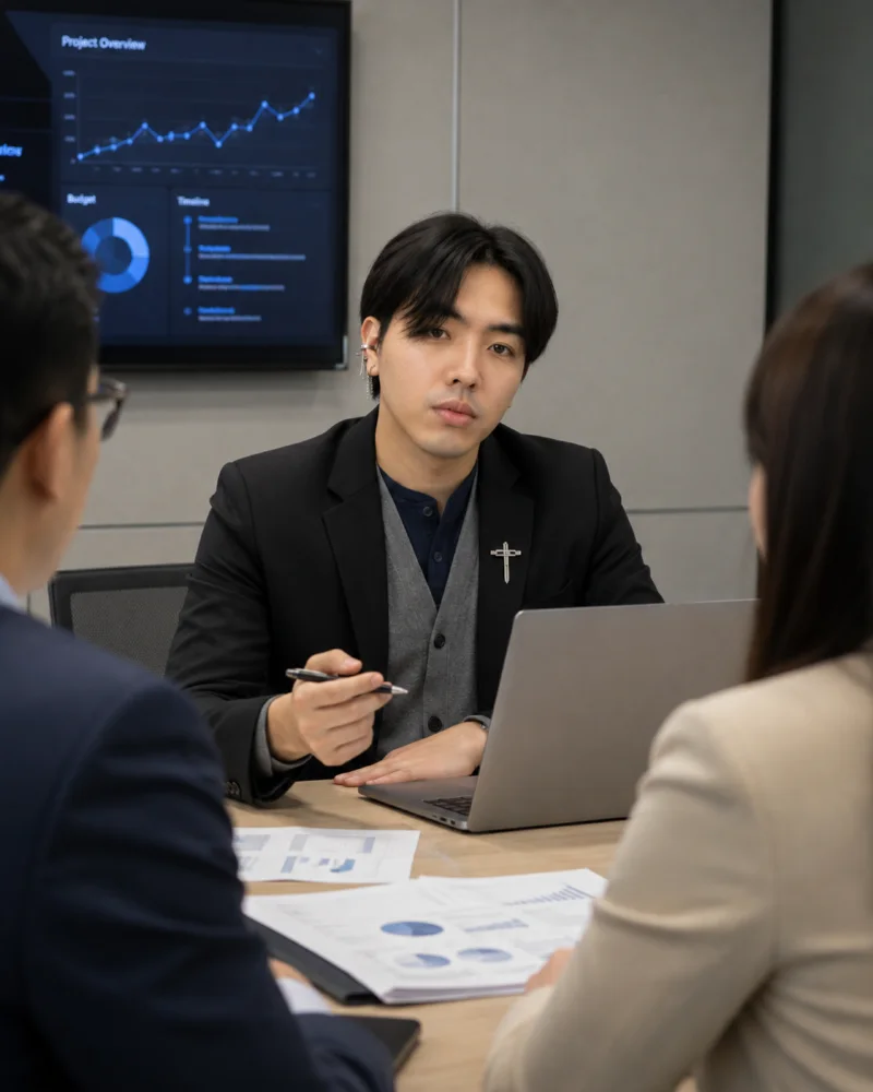 John Bryan Logdonio in a meeting room presenting to two colleagues, a laptop and printed charts on the table and a project dashboard on the wall screen.