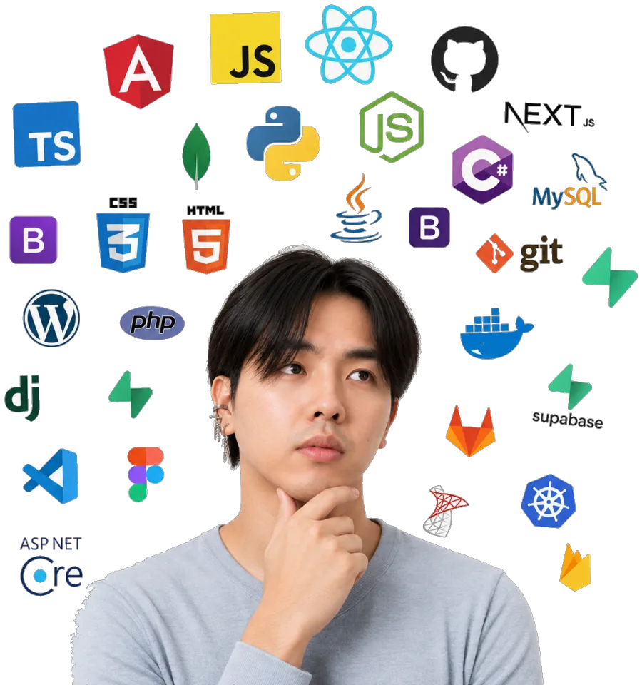 John Bryan Logdonio thinking, surrounded by the logos of the technologies he works with — Angular, TypeScript, C#, PostgreSQL, Docker, Git and others.