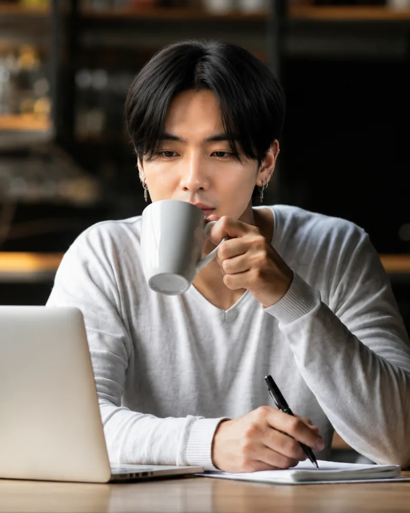 John Bryan Logdonio writing notes beside a laptop and a cup of coffee at a coffee shop table.
