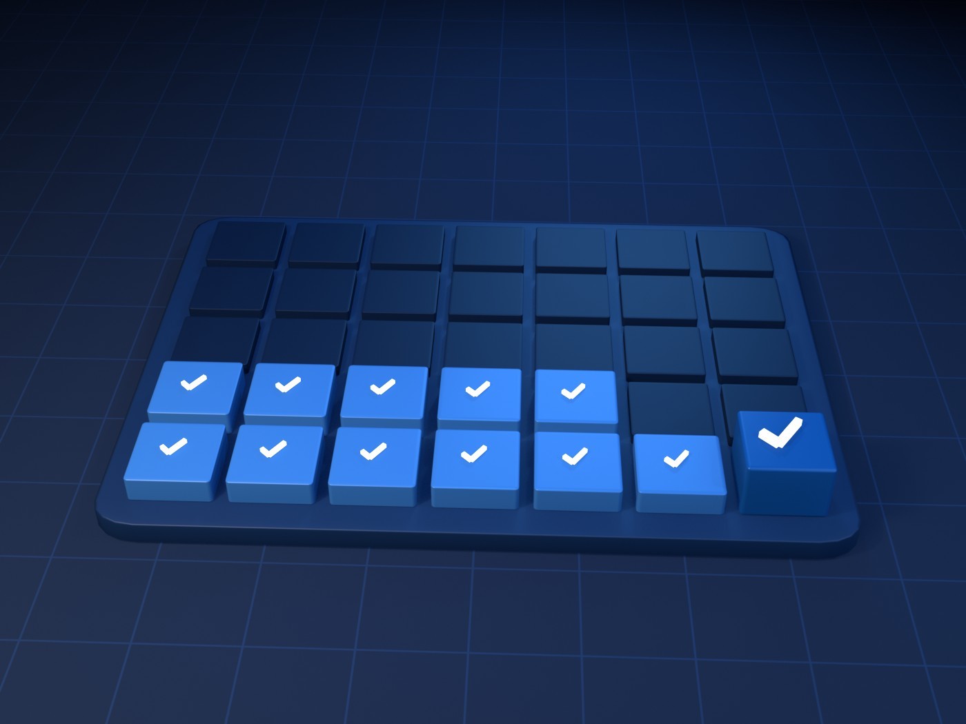 A calendar board of tiles, the final days raised and ticked, the last one highlighted.