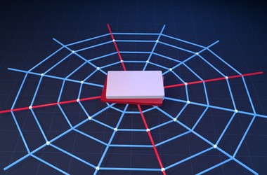 A blank white tile over a red frame at the centre of a blue geometric web lattice.